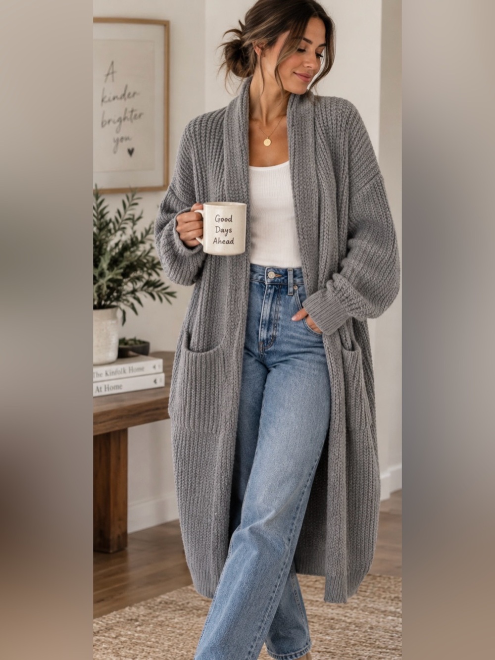 Free People Grey Chunky Knit Oversized Long Cardigan Duster Sweater